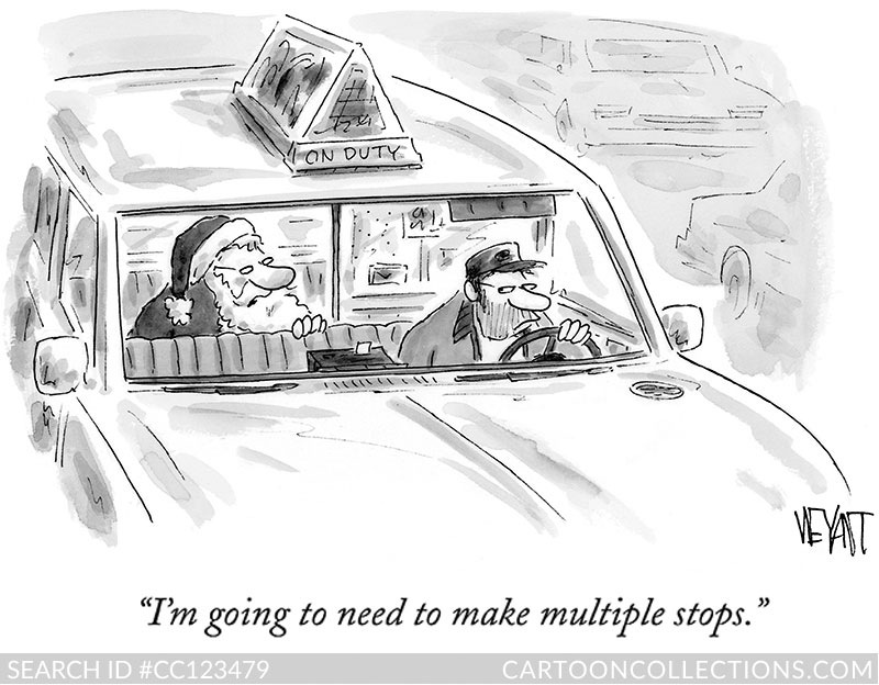 I'm going to need to make multiple stops. - Bad Santa cartoons - Christopher Weyant CartoonStock.com - Bad Santa cartoons - Christopher Weyant