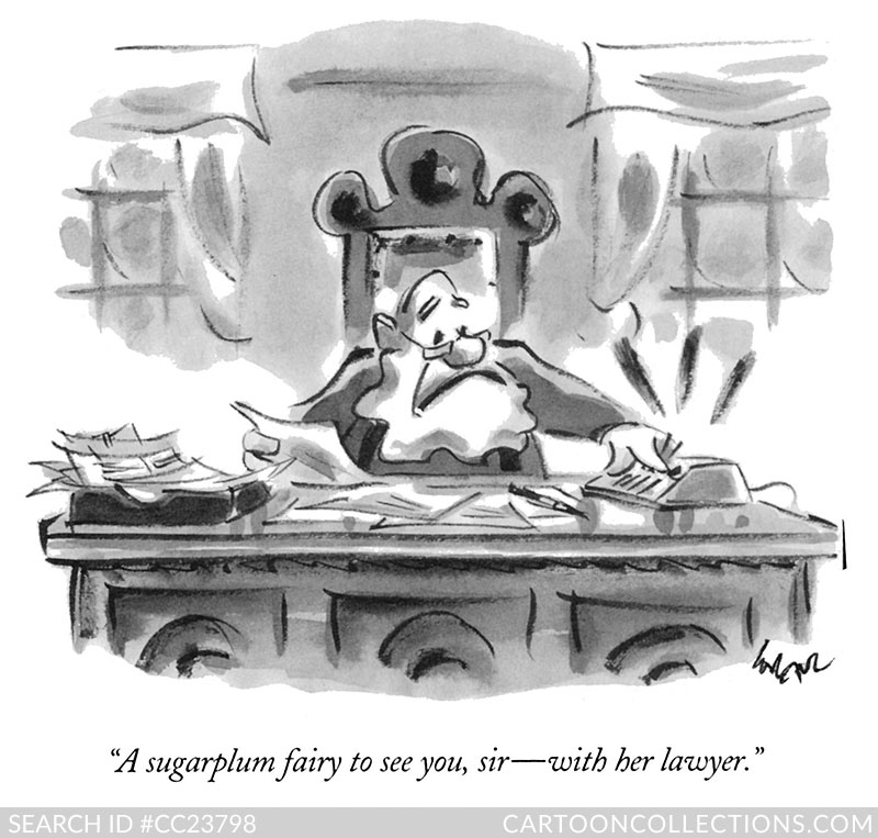 A sugarplum fairy to see you, sir - with her lawyer. - Bad Santa cartoons - Lee Lorenz CartoonStock.com - Bad Santa cartoons - Lee Lorenz