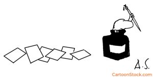 A cartoon showing a person emerging from a pot of ink, next to him are blank sheets of paper
