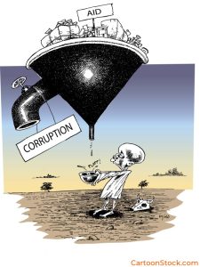 Editorial cartoon depicting a funnel labeled 'Aid' blocked by a valve marked 'Corruption,' dripping a single drop toward a starving child holding a bowl—commentary on how corruption prevents humanitarian aid from reaching those in need.