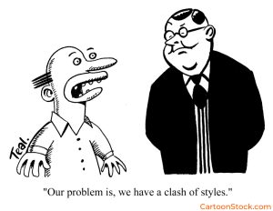 Cartoon showing two characters drawn in opposing styles