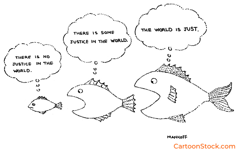 Cartoon by Bob Mankoff. different-sized fish express varying beliefs about justice in the world. The smallest fish claims there is no justice, while the middle fish argues that some justice exists. The largest fish confidently asserts that the world is just.