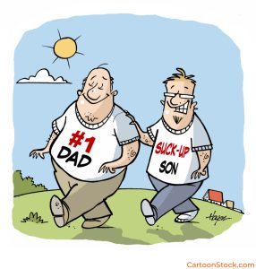 Cartoon showing a father and son wearing No1 Dad and No1 suck up t-shirts
