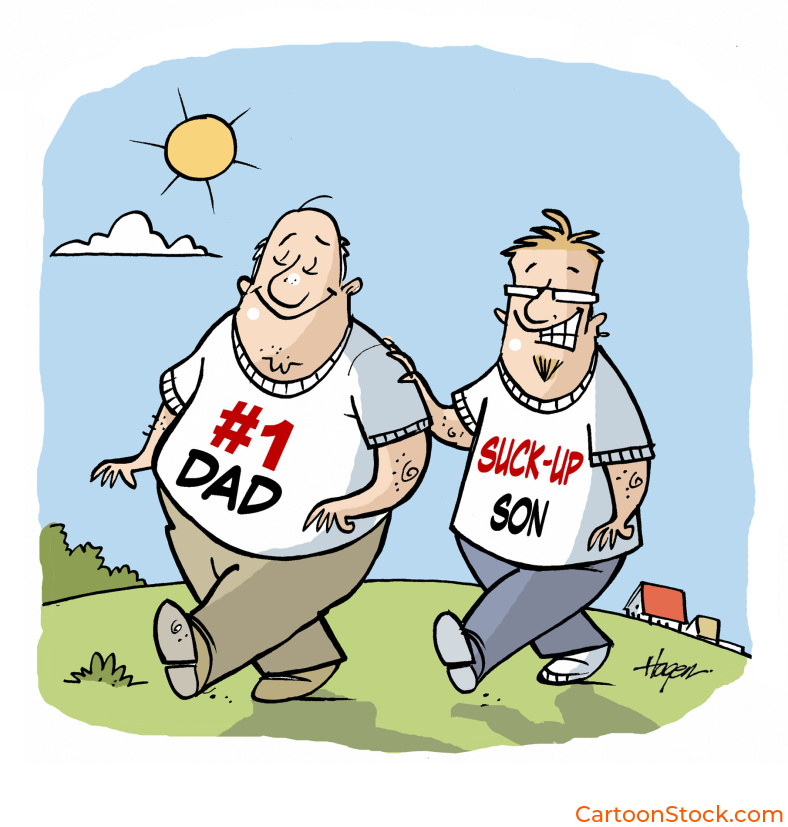Cartoon showing a father and son wearing No1 Dad and No1 suck up t-shirts