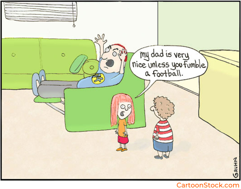 Cartoon showing a child telling their friend her dad is nice unless you fumble a football.