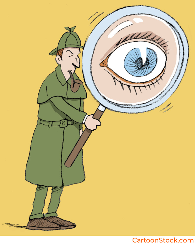 Cartoon by Ellis Nadler showing a detective with an enormous magnifying glass