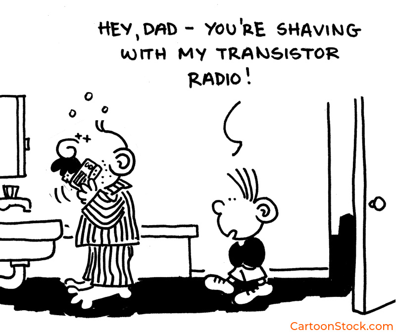 A cartoon of a child telling his Dad he is shaving with his radio