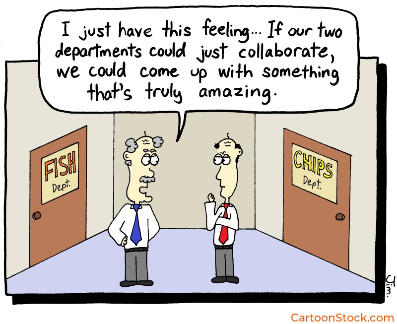 Cartoon by Brendan Boughen. A door labeled fish is opposite a door labeled chips and two businessmen discuss the possibilities of what they could achieve by collaborating