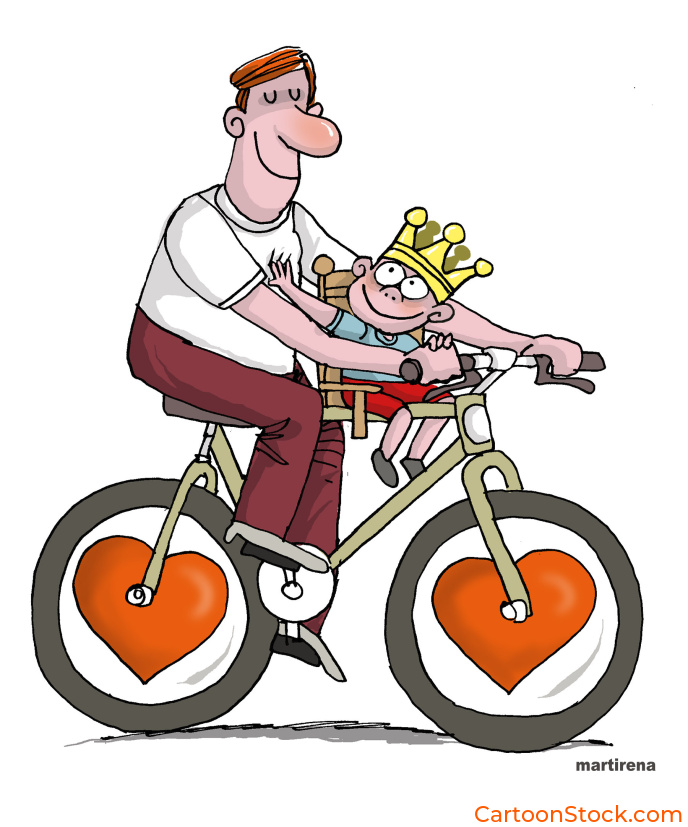 Cartoon showing a father riding a bike with his son