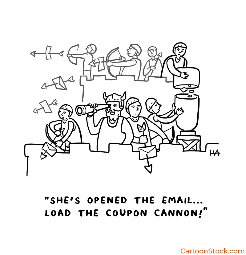 Cartoon showing a fort loading a canon with coupons while the lookout notices that their target has opened an email
