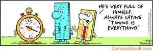 Cartoon by Bob and Tom Thaves. A thermometer comments that a clock is always saying that timing is everything