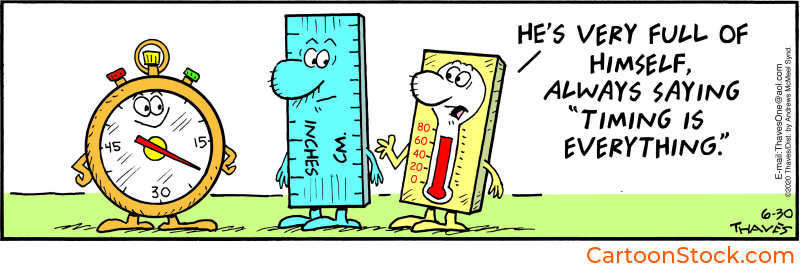 Cartoon by Bob and Tom Thaves. A thermometer comments that a clock is always saying that timing is everything