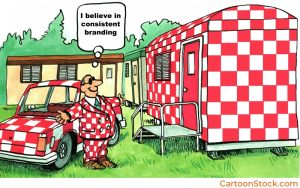 Cartoon by Andrew Toos. A man has decorated everything he owns with the same clashing pattern as he believes in consistent branding
