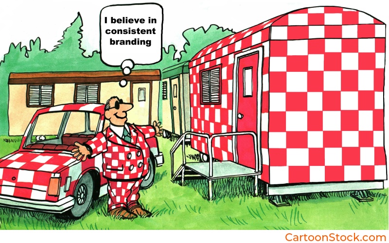 Cartoon by Andrew Toos. A man has decorated everything he owns with the same clashing pattern as he believes in consistent branding
