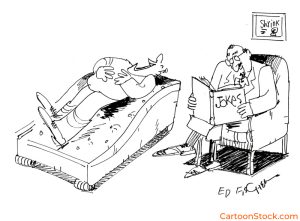 Cartoon by Ed Fischer. A psychiatrist cures his patient by reading from a joke book
