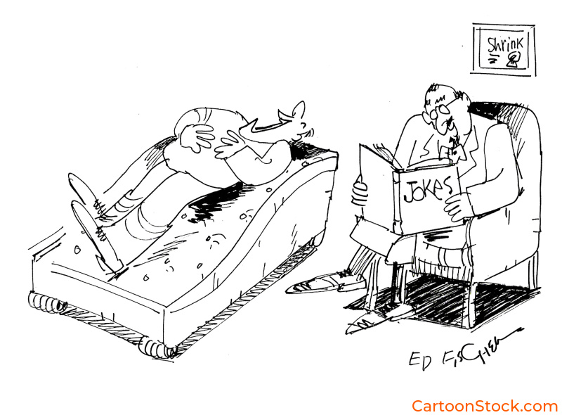 Cartoon by Ed Fischer. A psychiatrist cures his patient by reading from a joke book