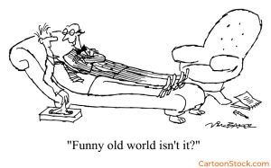 Cartoon by Nick Baker. Psychiatrist lies with his patient on the couch and remarks "funny ol world"