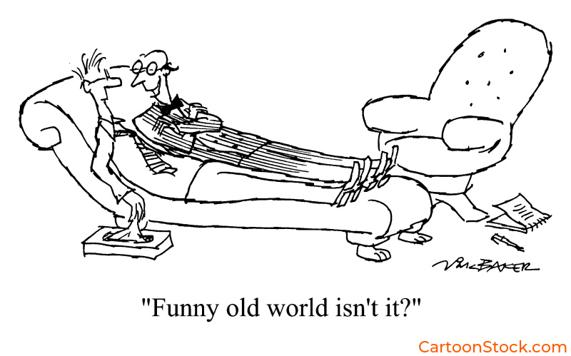 Cartoon by Nick Baker. Psychiatrist lies with his patient on the couch and remarks "funny ol world"