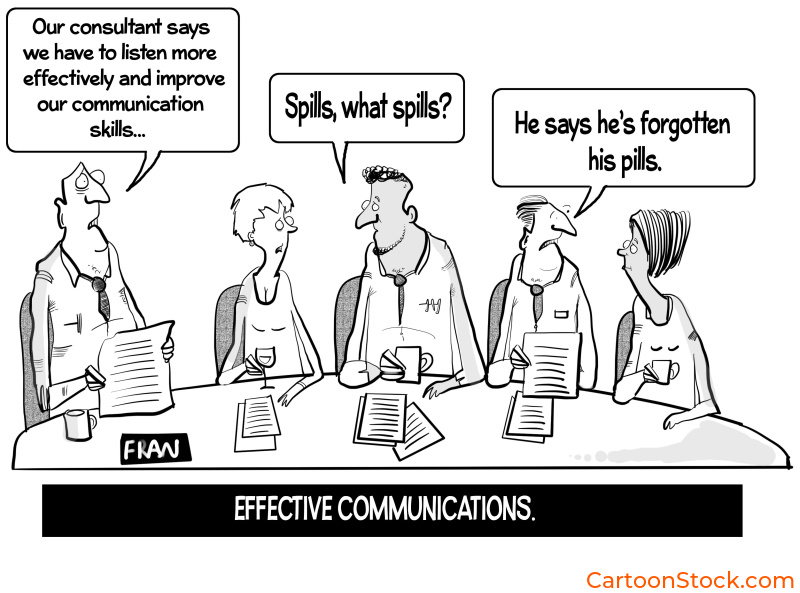 Cartoon by Fran. Employees mishear the initial statement, with the interpretations becoming more ludicrous the further down the table