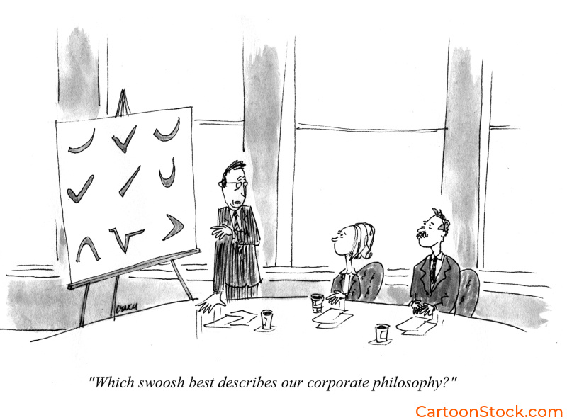 Cartoon by Mike Lynch. A board member is showing a variations on a straight line, asking which best describes their brand