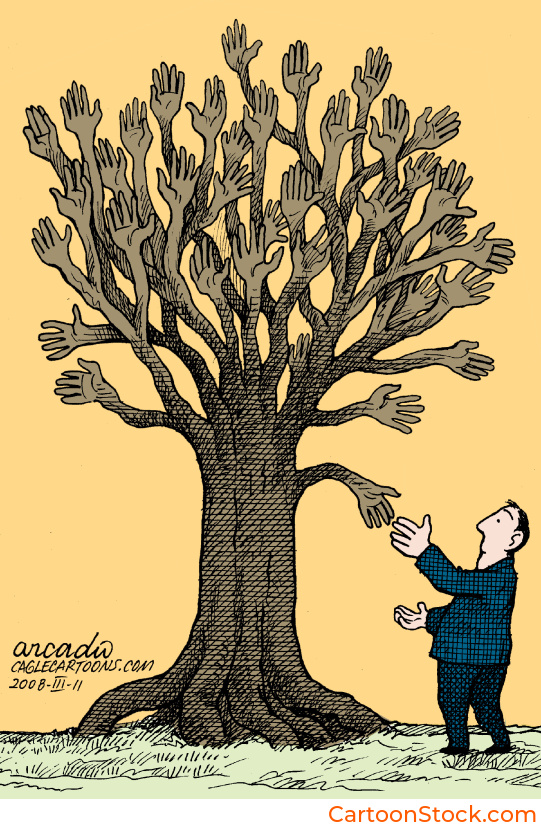 Cartoon by Arcadio Esquivel. a man stands in awe before a large tree that has branches made of hands reaching out in various directions.