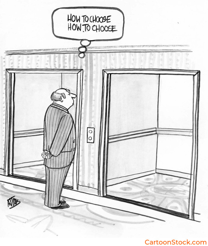 Image of man looking at two identical elevators unable to choose