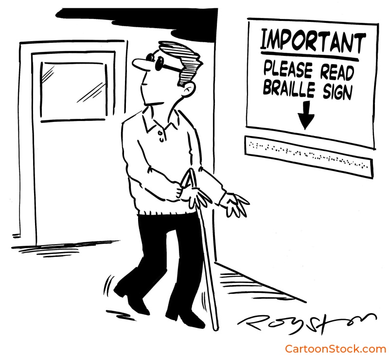 Image of blind man walking past written instructions to read the sign