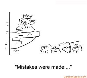 Image of a king addressing subjects saying "mistakes were made"