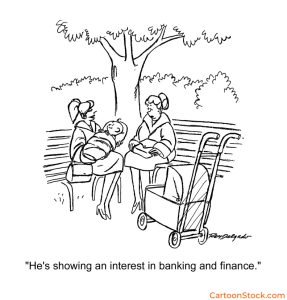 Image showing a baby and its mother commenting that it is interested in finance and banking