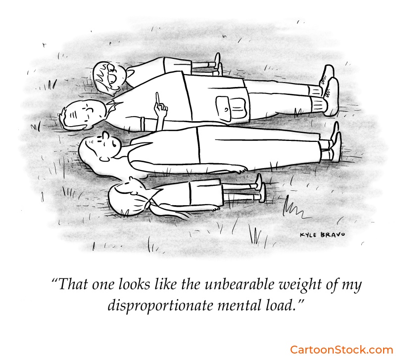 Cartoon image showing family cloudgazing and recognising a shape representing their disproportionate mental load