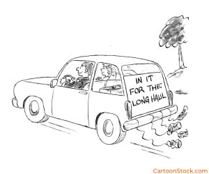 CartoonStock image by cartoonist Elmer Parolini. A bride and groom driving away with a sign reading "in it for the long haul" on their trunk