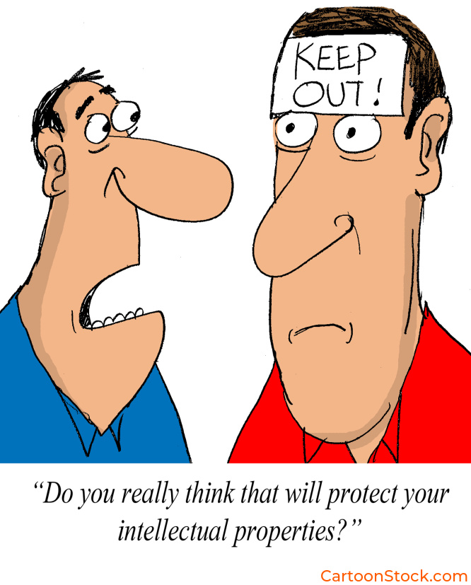 Cartoonstock cartoon by cartoonist Larry Lambert. A man with "keep out" written on his head and another asking if that will protect his intellectual properties