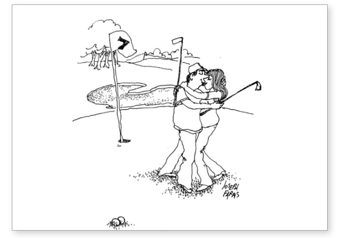 Cartoon on a greetings card by Joseph Farris of a couple kissing on the golf course