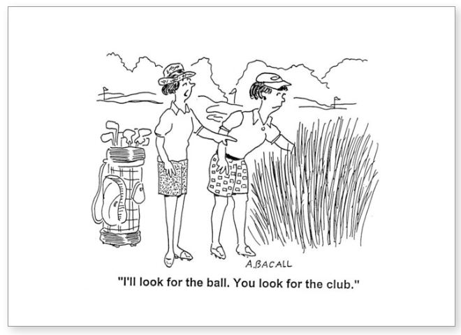 Greetings card cartoon showing two women finding their golf ball in the rough by Aaron Bacall