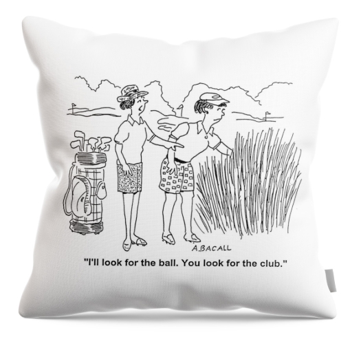 Throw Pillow showing two women finding their golf ball in the rough by Aaron Bacall