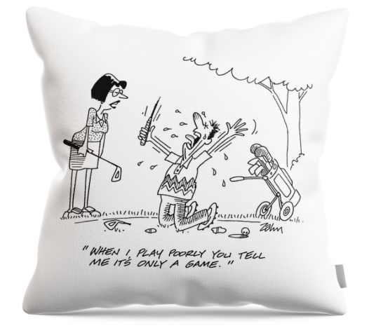 Cartoon on a throw pillow of a man throwing a tantrum on the golf course by Carroll Zahn