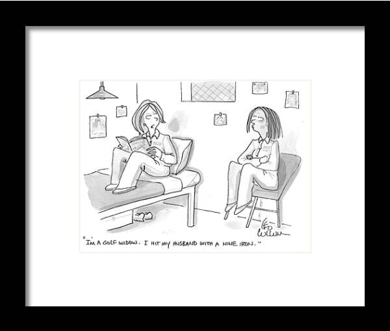 Framed print of two women discussing golf widows by Leo Cullum