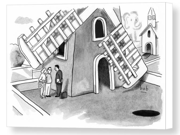 Canvas print showing cartoon of realtor showing couple around mini golf course by bob eckstein