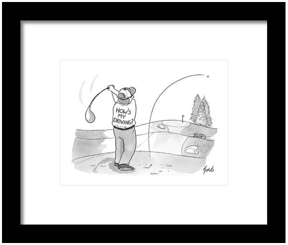 "How's My Driving" golf cartoon print by Tom Toro, funny golf gift for Christmas