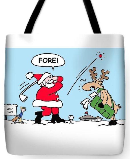 "Fore!" santa golfing christmas tote bag by Mike Flanagan