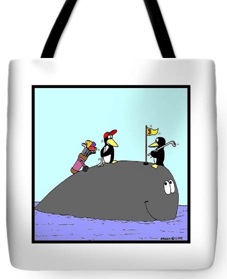 Penguins golfing on a whale's back funny golf tote bag by Hagen