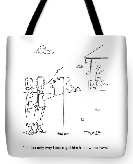 Cartoon on a tote bag showing a man mowing the lawn by Bill and Bob Thomas