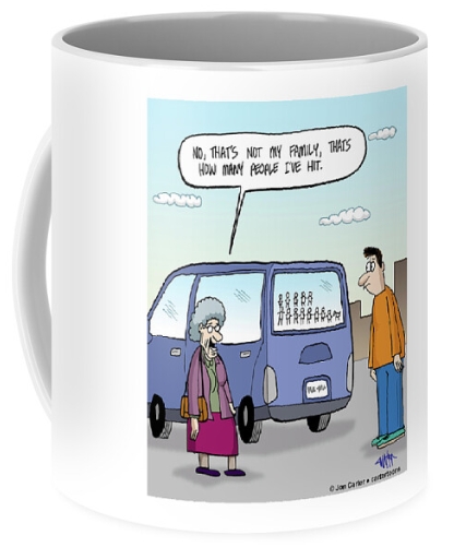Cartoon of grandma bumper sticker with stick figures of who she has hit by Jon Carter on a mug