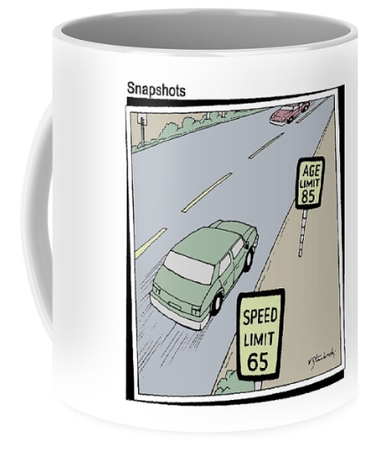Mug showing cartoon image by Jason Love. Road signs with speed limit and age limit