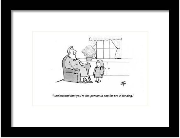 Cartoon framed print by Martha Gradisher. Child asks Grandma about pre-k funding