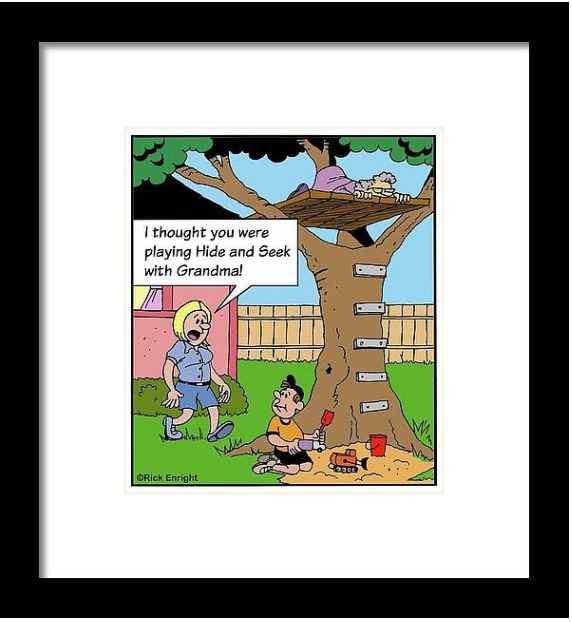 Framed cartoon print by Rick Enright. Grandma in a treehouse playing hide and seek