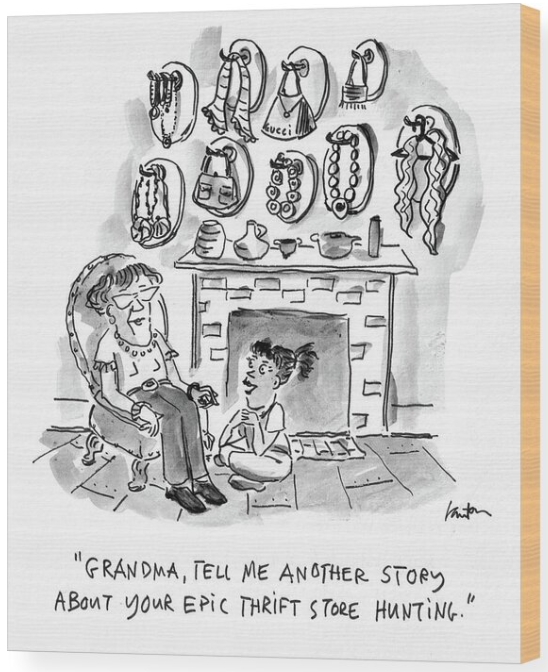 Grandma with thrift store purchases cartoon by Mary Lawton on wooden print