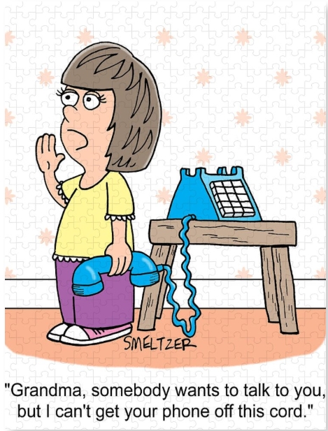 Puzzle cartoon by Steve Smeltzer. Girl trying to use corded phone in Grandmas house