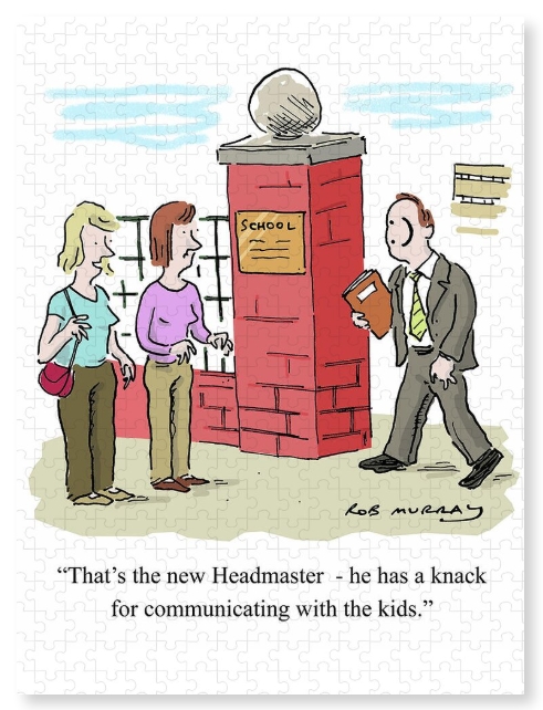 Jigsaw Puzzle cartoon by Rob Murray. A headmaster with an emoji face - he can communicate well with his students