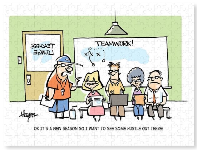 Jigsaw puzzle with a cartoon by Ralph Hagen showing teachers rallying before the start of a new term